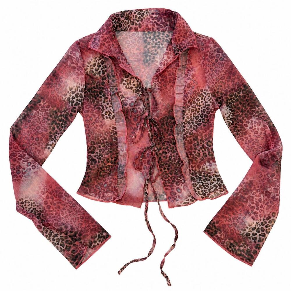 Euro Vintage Leopard Print Pink Ruffle Blouse